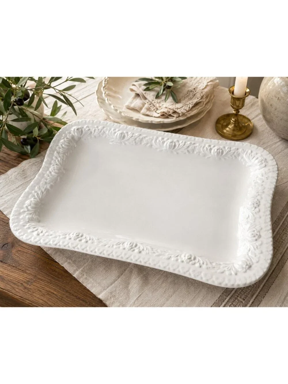 Vintage Italian White Ceramic Serving Platter 16x12 Rose Leaf Border Serveware
